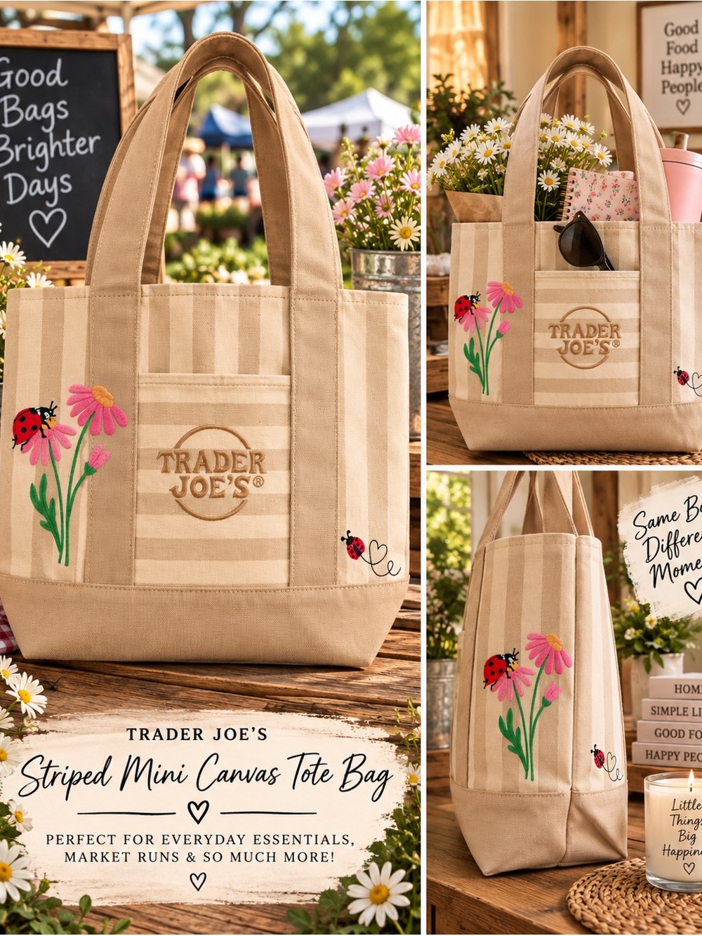 🤎Trader Joe’s Mini Canvas Tote Bags with Custom Embroidery